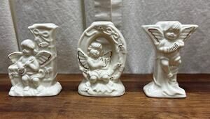 Crown Accents Vintage JOY Candle Holder Set Christmas Angel Cherub Gold Accents